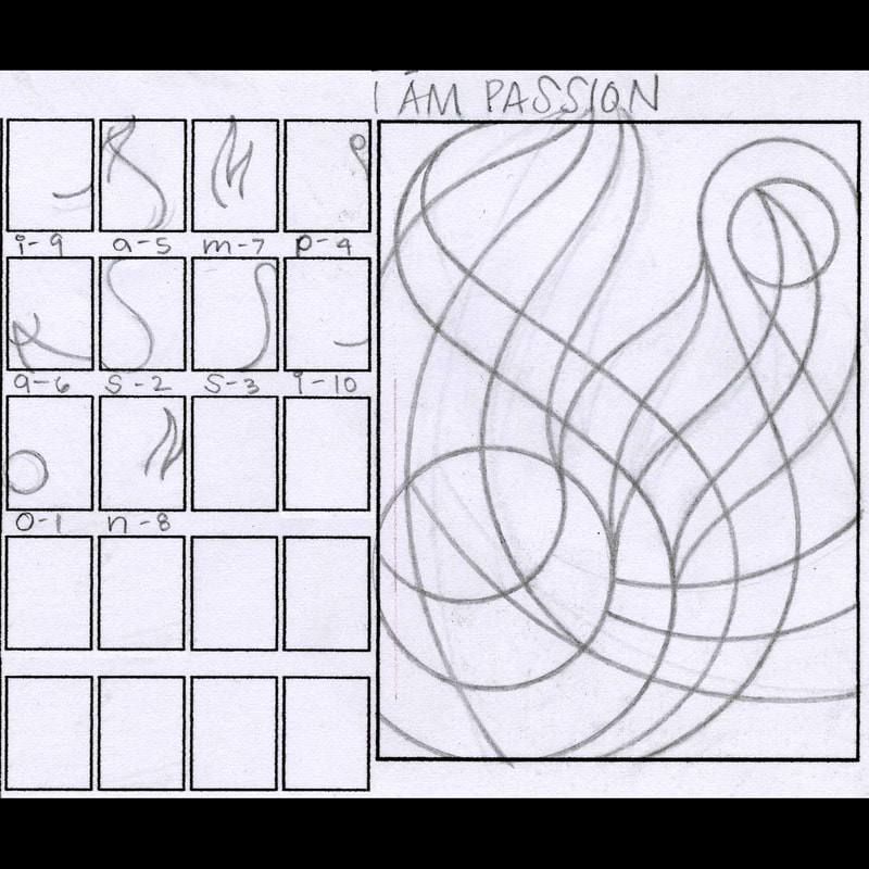 I AM PASSION ‘key’ shows where the letters (type) are located in the design © Darin Jones
