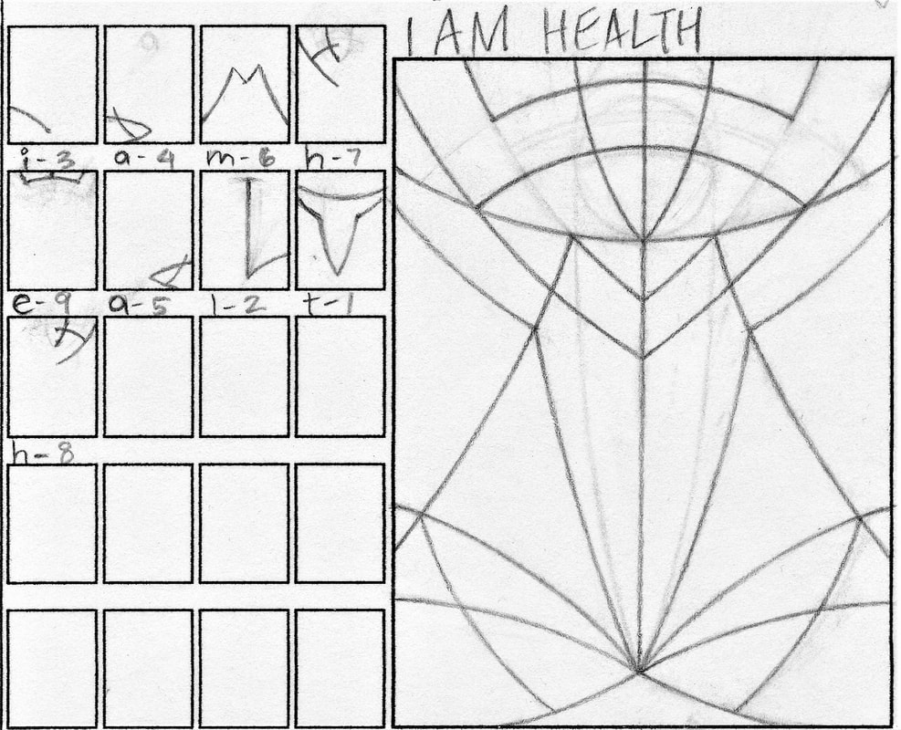I AM HEALTH ‘key’ shows where the letters (type) are located in the design, by Darin Jones