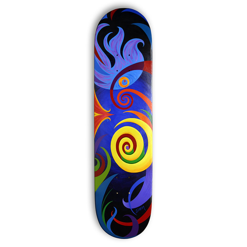 JOYRIDE (skate deck) © Darin Jones, 7.6x31 in., Acrylic on Wood, Commission from a Pro Skateboarder