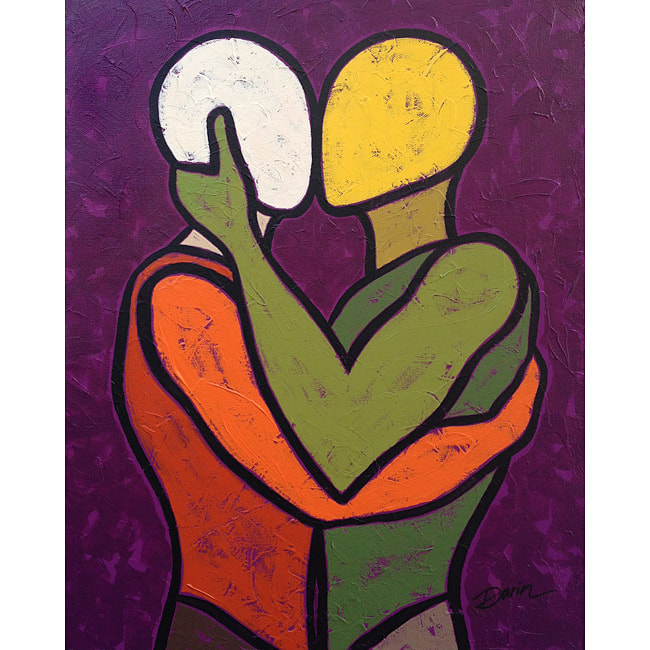 CONNECTION II: Two people kissing--of equal height--both in autumn colors and surrounded by a plum-purple background.