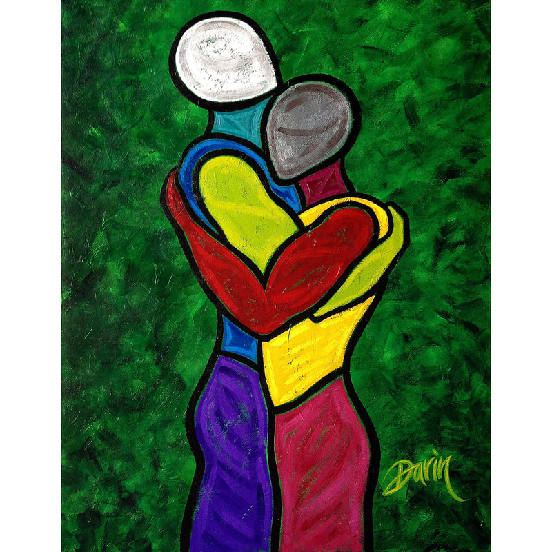 L’AMOUR III: Two people embracing--one taller than the other--both in mixed colors and surrounded by a green, foliage-like background.